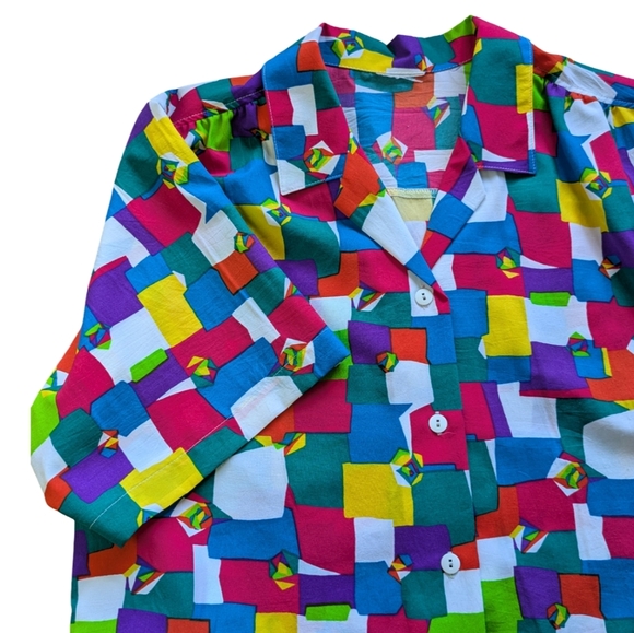 Rubik’s Cube Print Button-Up Shirt | Retro Gamer Colorblock Blouse Size M/L - Picture 9 of 9